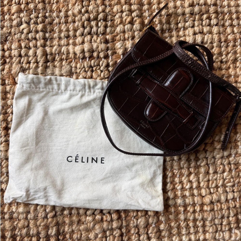 Celine Dark Brown Croc-Embossed Leather Crossbody Bag - Picture 2 of 7